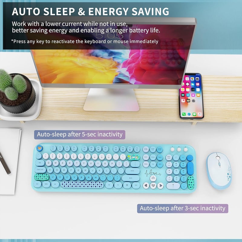 FOPETT Wireless Keyboard and Mouse Set, 104 Round Keys Full-Size Cute Colorful Keyboard and Mouse with Retro Typewriter for PC/Mac/Laptop/Tablet/Computer/Windows Blue - Image 4